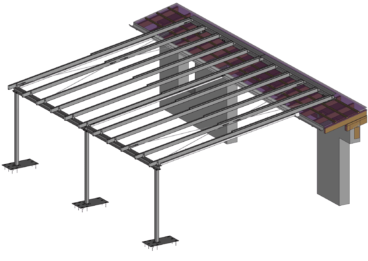 3D-Konstruktionszeichnung einer Terrassenüberdachung mit Stützen und Dachanbindung